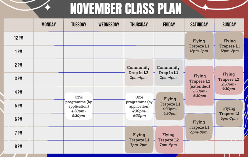 FlightHouse November flying trapeze class timetable