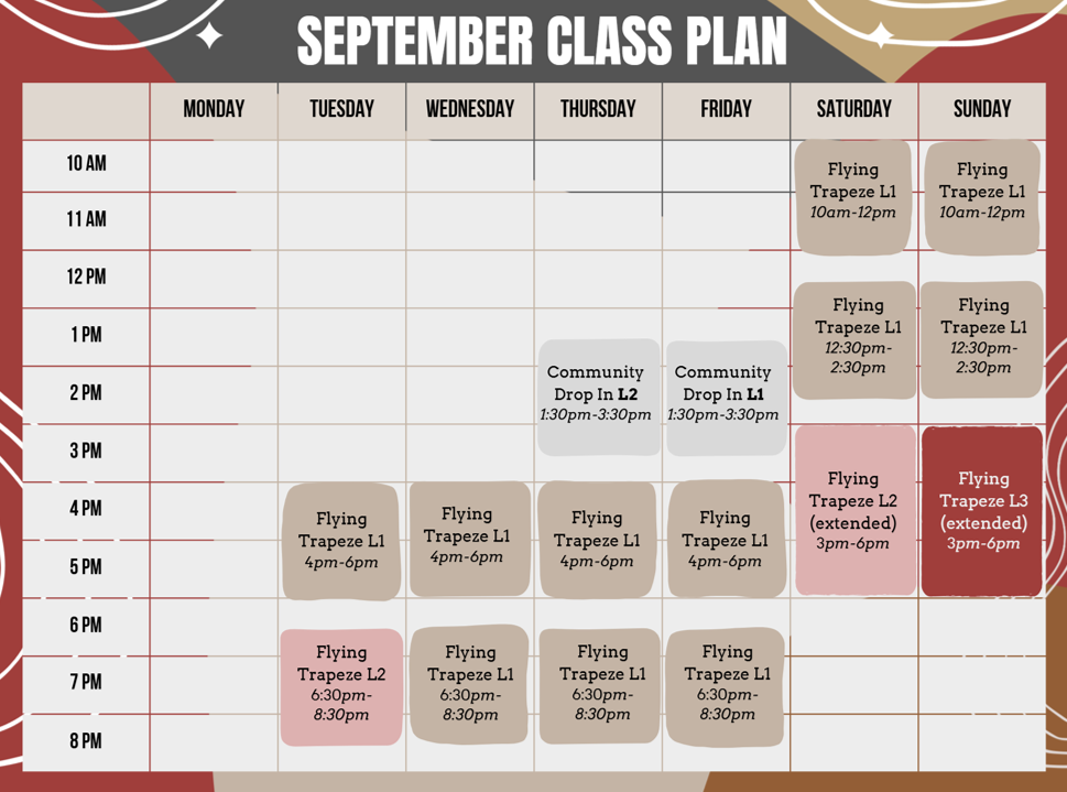FlightHouse early September flying trapeze class timetable