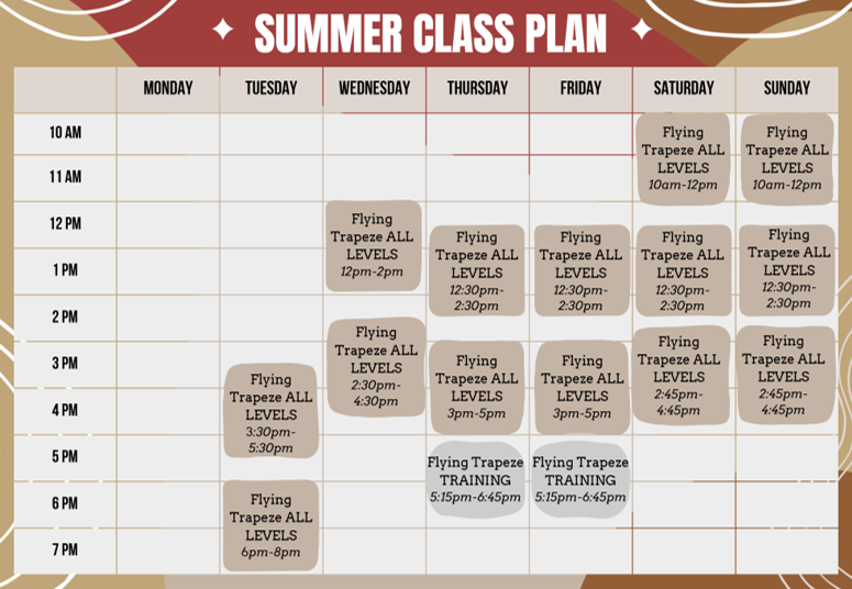 FlightHouse summer class timetable showing flying trapeze classes from Monday to Sunday